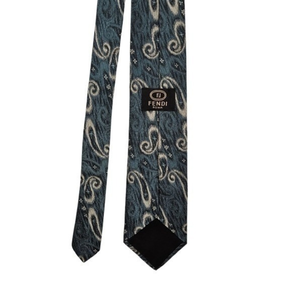 Vintage Fendi Italy Designer Silk Paisley Tie 3 1/2 wide 57 in Long Blue Cream - Picture 2 of 7